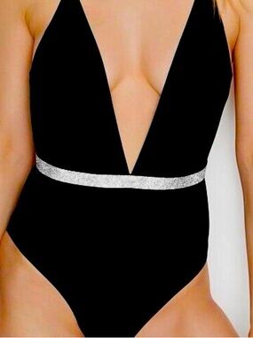 Black One-Piece Plunge Swimsuit with Metallic Trim